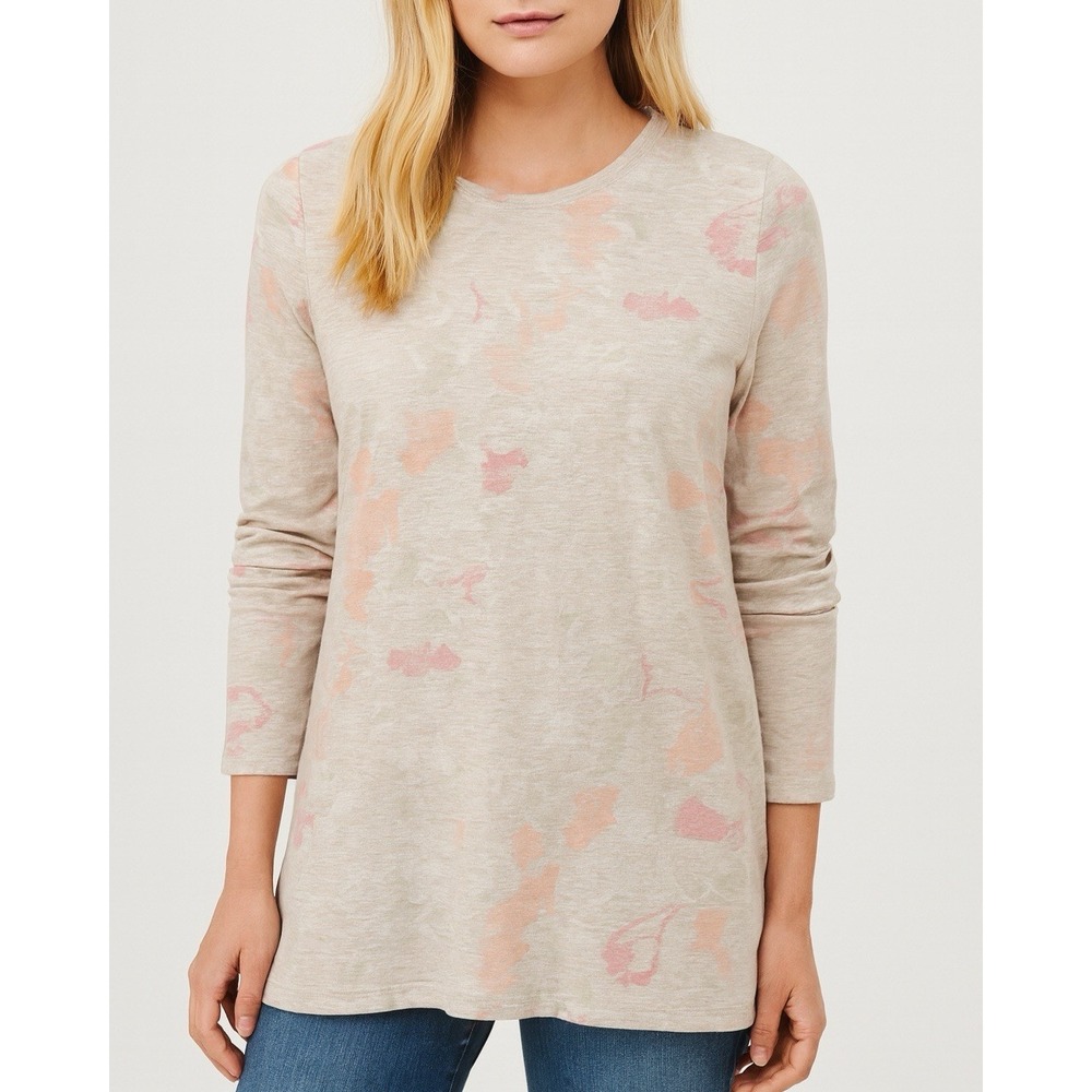 J Jill Pure Jill 100% Cotton Shirt Top Tunic S Tan Peach Watercolor Floral Artsy